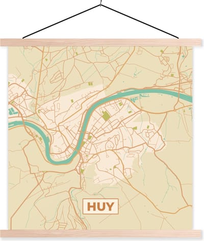 Posterhanger incl. Poster 40x40 cm - Schoolplaat - Plattegrond - Kaart - België - Huy - Stadskaart - Textielposter - Blanke latten - Stadskaart