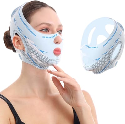 LISM-Herbruikbare kinband, V-vormige gezichtsmaskerband, afslankband Geschikt voor een dubbele kin en slappe huid (blauw)