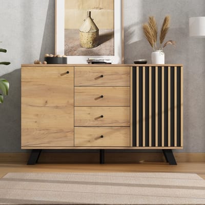 Sweiko Dressoir - Dubbele deuren - 4 lades - Massief houten poten - Halmeubel - Natuurlijke