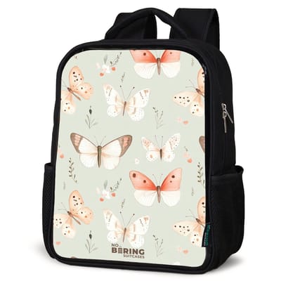 NoBoringSuitcases.com® - Rugzak zwart - Schooltas jongen & meisje - Vlinder patroon in zachte oranje en rode tinten - Rugtas voor school - Boekentas kind - Schoolrugzak - Kinderrugzak