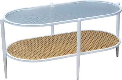 Ovale Salontafel - Voor Woonkamer & Slaapkamer - 2-Laags Opbergplank met Metalen Frame - Watergolf Glazen Tafelblad, Boerderijstijl - Wit