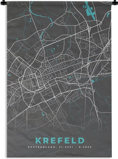 Wandkleed - Wanddoek - Stadskaart – Plattegrond – Duitsland – Blauw – Krefeld – Kaart - 120x180 cm - Wandtapijt