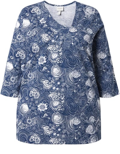 Ulla Popken - Dames - Shirt biezen A-lijn V-hals 3/4-mouwen biologisch katoen - Marineblauw - Maat 42+