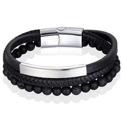 Heren armband Memphis Agaat kraal gevlochten leer Zilverkleurig Zwart - 21cm