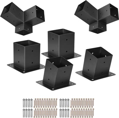 Pergola Kit met 4x4 Inch 3-Weg Schuine Beugels voor 3.5x3.5 Inch Houten Balken, Inclusief 2 Beugels, 2 Paal Basis en 2 Muur Montage Basis, Ideaal voor Buiten Pergolas, Gazebos en Schuren