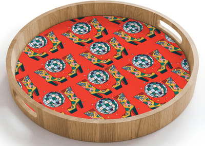 Dienblad rond 40x40 cm - Schootdienblad hout - Rood - Disco - Patroon - Borrelplank rechthoek - Plateau houten dienbladen