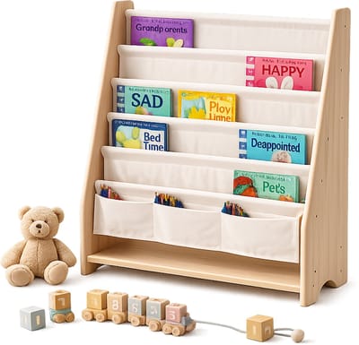 Montessori Massief Houten Kinderboekenkast W76 × H83 × D28 cm - Mijn Eigen Bibliotheek - Kinderboekenrek - Opbergkast - Solide Houten Boekenkast - Boekenkast kinderen - Boekenplank - Kinderkamer Kast - Opbergrek - Speelgoedkast【WonderMind WA-C003】