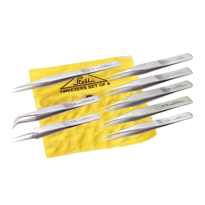 Selva Standard Pincetset – 8-delig – Roestvrij staal – In een praktische stoffen tas – Geschikt voor HORLOGEMAKERS – C339055