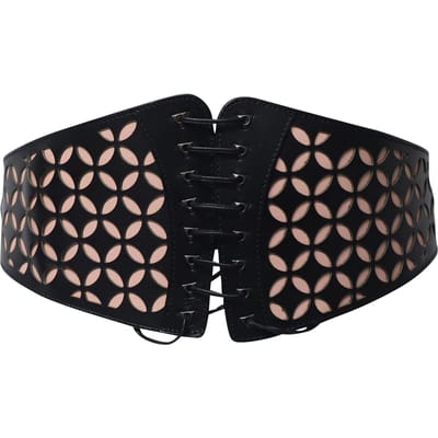 Alaia Laser-Cut Tailleband met Busy Accent in Zwart Leer