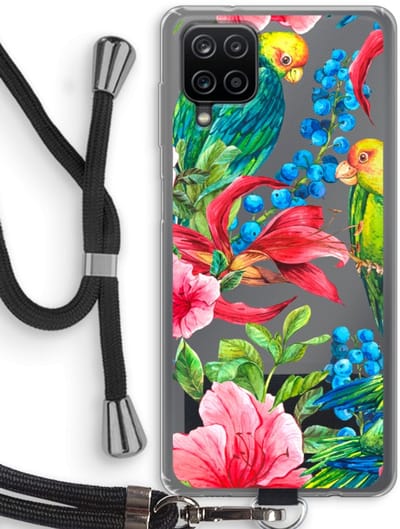Case Company® - Hoesje met koord geschikt voor Samsung Galaxy A12 hoesje met Koord - Papegaaien - Telefoonhoesje met Zwart Koord - Bescherming aan alle Kanten en Over de Schermrand