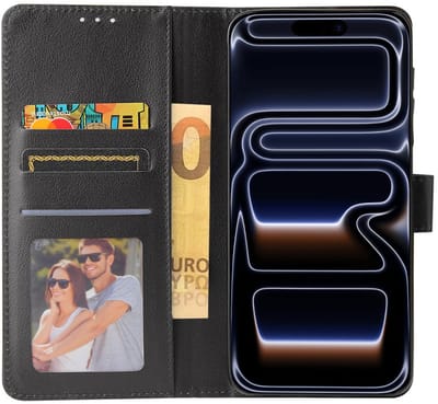 Bookcase Hoesje Geschikt Voor iPhone 17 Pro - Wallet Case - Hoesje Met Pasjeshouder - Zwart
