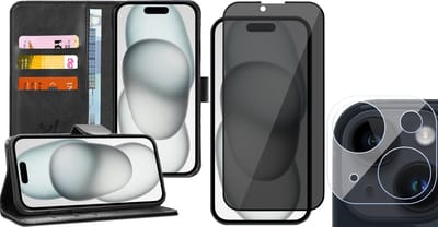 Hoesje geschikt voor iPhone 15 - Privacy Screenprotector FullGuard & Camera Lens Screen Protector - Book Case Kunstleer Pasjeshouder Zwart