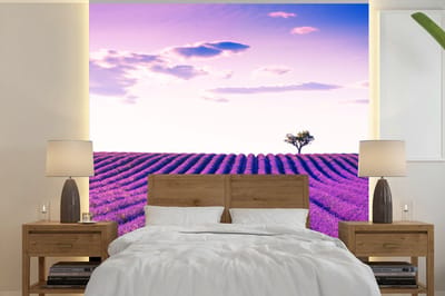 Behang - Fotobehang Lavendel - Bomen - Paars - Bloemen - Breedte 350 cm x hoogte 350 cm