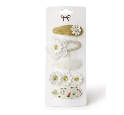 Wit en beige haarspeldjes set voor meisjes – textiel haarspeldjes met bloemen – 5 stuks – pastel clips met geborduurde bloemdetails en bloemmotief