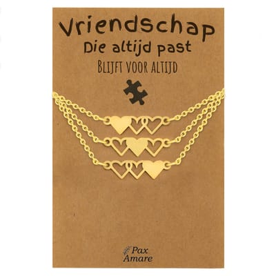 BFF Ketting voor 3 'Vriendschap die altijd past' - Hartjes - Vriendschapsketting op Cadeau Kaartje - 45cm + 5cm verstelbaar - Goudkleurig - Best Friends Hanger - Pax Amare