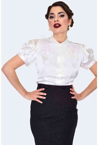 Voodoo Vixen - Satin With Organza Bow Blouse - M - Wit