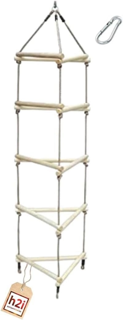 Gebreide Klimladder voor Kinderen met Houten Spijlen en Karabijnhaak - Buiten Speelgoed voor Avontuurlijke Kinderen