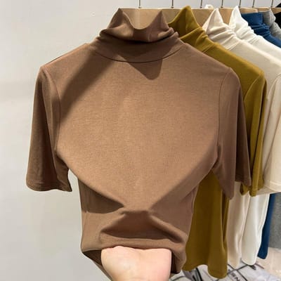 T-shirt à col roulé uni pour femme, haut à manches cinq points, nouveau style, printemps et été M marron