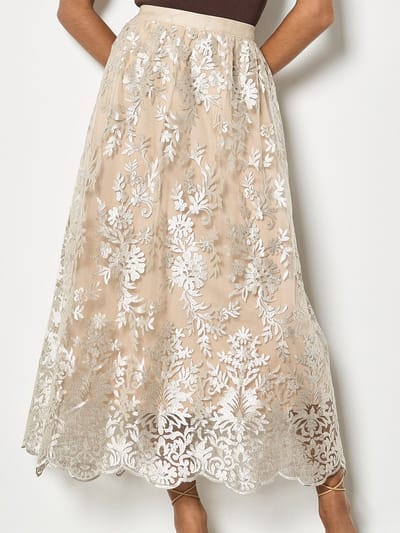 Midi-rok van glanzend mesh met geborduurde bloemen