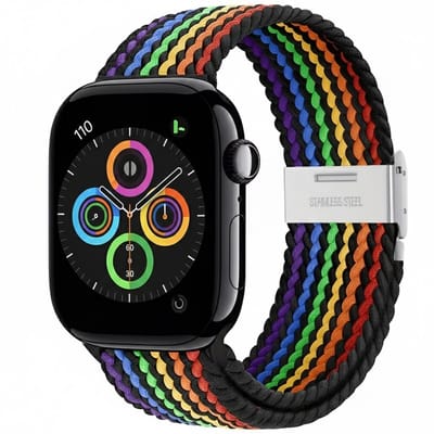Gemengde kleur nylon horlogebandje geschikt voor Apple Watch dames en heren 38 mm / 40 mm / 41 mm / 42 mm (serie 10 / 11), elastisch gevlochten smartwatch bandje zonder gesp, zwarte basis met regenboog multicolor stretch vervangend horloge bandje