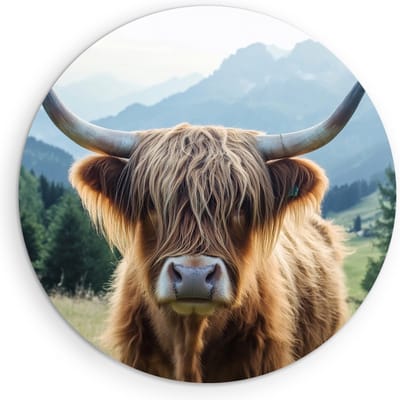 Saammp Muurcirkel Hout Schotse Hooglander Koe jong - Dieren - Natuur - Ø 90 - Wandcirkel - Wanddecoratie Cirkel - muurdecoratie Woonkamer - Slaapkamer decoratie - Rond Schilderij