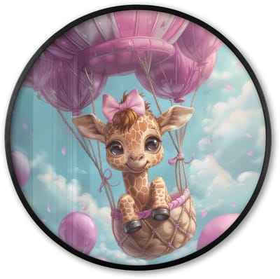Poster in lijst Rond - Fotolijst 60x60 cm - Posters - Luchtballon - Giraf - Ballon - Wolken - Paars - Ronde posterlijst zwart - Decoratie - Wanddecoratie woonkamer - Muurdecoratie slaapkamer