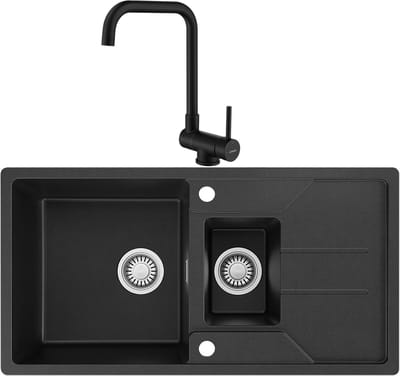CECIPA max Spoelbak Met Kraangat - Granieten Keuken 86x45CM - 1.5 Spoelbak Keuken Met Keukenkraan - Met Afdruiprek en Waterafvoersysteem - 80% Kwarts Zand Spoelbak Keuken - Zwart