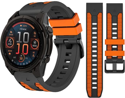 Stravo Premium Duo-kleur Siliconen Horlogebandje – Quickfit 22mm – geschikt voor Garmin Fenix 8 (Pro-E-47mm) - Fenix 7 & 6 (Solar-Pro) - Fenix 5 (Plus) / Forerunner 970-965-955-945 / Epix Gen 2 -Pro 47mm/Quatix 7- 8 / Fenix 8(Pro/E) – Zwart / oranje