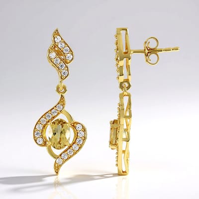 Cavill - Langwerpige Damesoorbellen 18K Goud Verguld - 925 Sterling Zilver - 1,21 ct Gele Beryl - 44 Zirkonia Pavé - Stijlvolle Lange Oorbellen 33 mm
