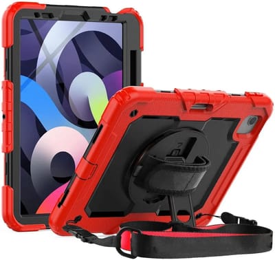 Hoes met ingebouwde Screenprotector Geschikt voor Apple iPad Air (2020/2022) | Inclusief 360° Draaibare Handriem en Schouderriem | Extreme bescherming | Ideaal voor zakelijk gebruik | Rood