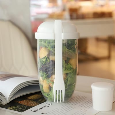 1L Draagbare Salade Cup Kinderen Ontbijt Slakom Met Vork School Lunchbox Voedsel Opslag Bento Box Yoghurt Havermout granen Melk Cup brown