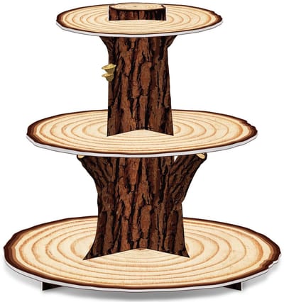 Dailygoods - Cupcake-standaard, 3 etages, taartstandaard, muffinetager, van karton in boomstam, houtlook, opvouwbaar, voor kinderverjaardag, shower, bruiloft, bosfeest, dessert, cake, cupcake, presentatie