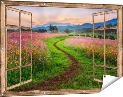 Gards Tuinposter Doorkijk Kosmos Bloemenveld met een Pad - Bloemen - 120x80 cm - Tuindoek - Tuindecoratie - Wanddecoratie buiten - Tuinschilderij