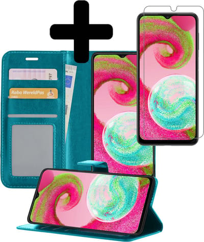 Hoesje - Met Screenprotector - Geschikt voor Samsung Galaxy A04s - Luxe Pasjeshouder - Bookcase Portemonee - Flip Case - Kunstleer Book Case - Flipcase - Book Cover - Walletcase - Portemonneehoes - Telefoonhoesjes - Turquoise