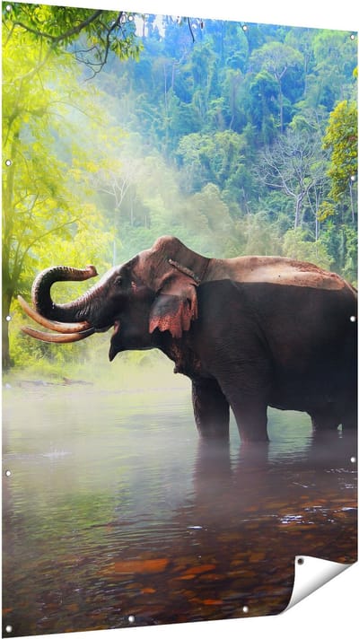 Gards Tuinposter Olifant in het Water - 120x180 cm - Tuindoek - Tuindecoratie - Wanddecoratie buiten - Tuinschilderij