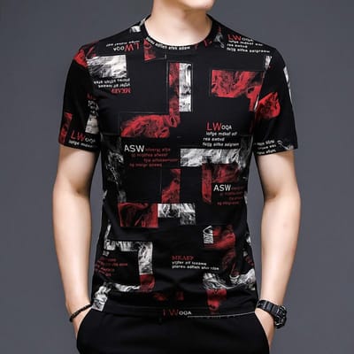Nieuw T-shirt met korte mouwen voor jonge mannen Koreaanse stijl mode casual half lange mouw zomer ronde hals bedrukt T-shirt voor mannen XXXL black