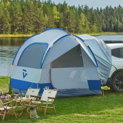 Dual-Use SUV Tent voor Kamperen met Regenbescherming, Ruime Car Tent met Dubbele Deur en Aluminium Stangen, Waterdichte PU2000mm Dubbel Laag voor 4-6 Personen, Ideaal voor Avontuurlijke Kampeerders en Buitenactiviteiten