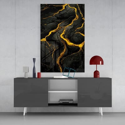 Glasschilderij - Abstract - Marmer - Zwart- Goud - 72x46 cm - 4 mm