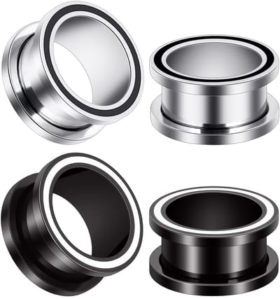 Dailygoods- Flesh Tunnels Set van 4 - Roestvrij Stalen Oortunnels 316L - Hypoallergeen - Zwart/Zilver - Schroefdop - 10 mm / 25 mm