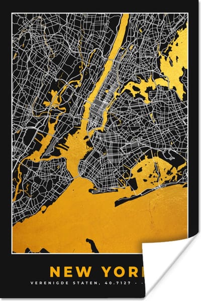 Poster New York - Stadskaart - Goud - Kaart - Plattegrond - 120x180 cm XXL