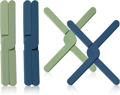 Set van 2 Hittebestendige Vouwbare Siliconen Onderzetters voor Pannen, Warmtebestendige Pot Onderzetters in Blauw en Groen