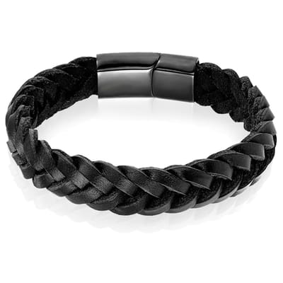 Heren armband LGT Jewels Gevlochten Leer Edelstaal Zwart-23cm