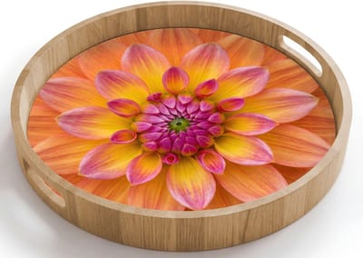 Dienblad rond 40x40 cm - Schootdienblad hout - Dahlia - Bloem - Oranje - Borrelplank rechthoek - Plateau houten dienbladen