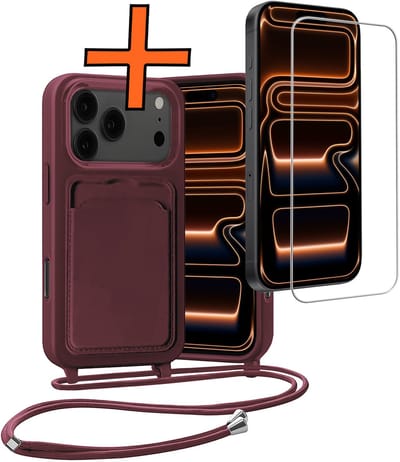 Hoesje Geschikt voor iPhone 17 Pro / 18 Pro Hoesje Met Telefoonketting Pasjeshouder Case Met Screenprotector Koord - Hoesje Geschikt voor iPhone 17 Pro / 18 Pro Hoes Met Kaarthouder - Aubergine