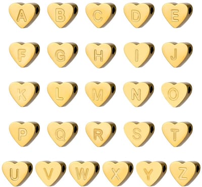 PandaHall 14K vergulde letters, hartkralen, 26 stuks, A-Z, letterkralen, liefde, hart, initialen, kralen, alfabet, afstandskralen voor bruiloft, sieraden, armband, halsketting, oorbel, verjaardag