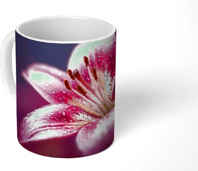 Mok - Koffiemok - Roze - lelie - Dauwdruppels - Mokken - 350 ML - Beker - Koffiemokken - Theemok