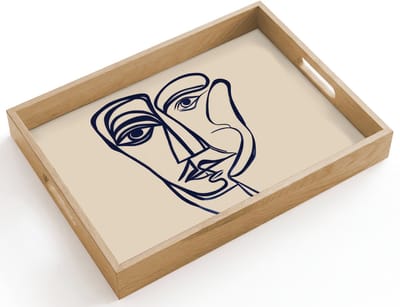 Dienblad hout 40x30 cm - Schootdienblad - Minimalistisch - Lijnillustratie - Beige - Donkerblauw - Borrelplank rechthoek - Plateau dienbladen