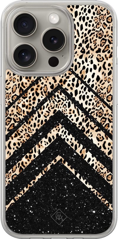 Casimoda® hoesje - Geschikt voor iPhone 15 Pro Max - Chevron Luipaard - 2-in-1 case - Schokbestendig - Luipaardprint - Verhoogde randen - Bruin/beige, Transparant