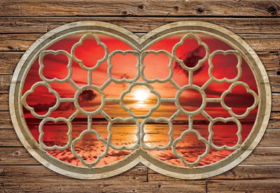 Fotobehang Wooden Wall Sunset Beach Sea Sun | XL - 208cm x 146cm | 130g/m2 Vlies