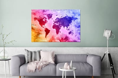 Aluminium schilderij 180x120 cm - Wanddecoratie metaal - Wereldkaart - Waterverf - Regenboog - Metalen muurdecoratie woonkamer - Decoratie industrieel - Foto op dibond - Industriële accessoires slaapkamer